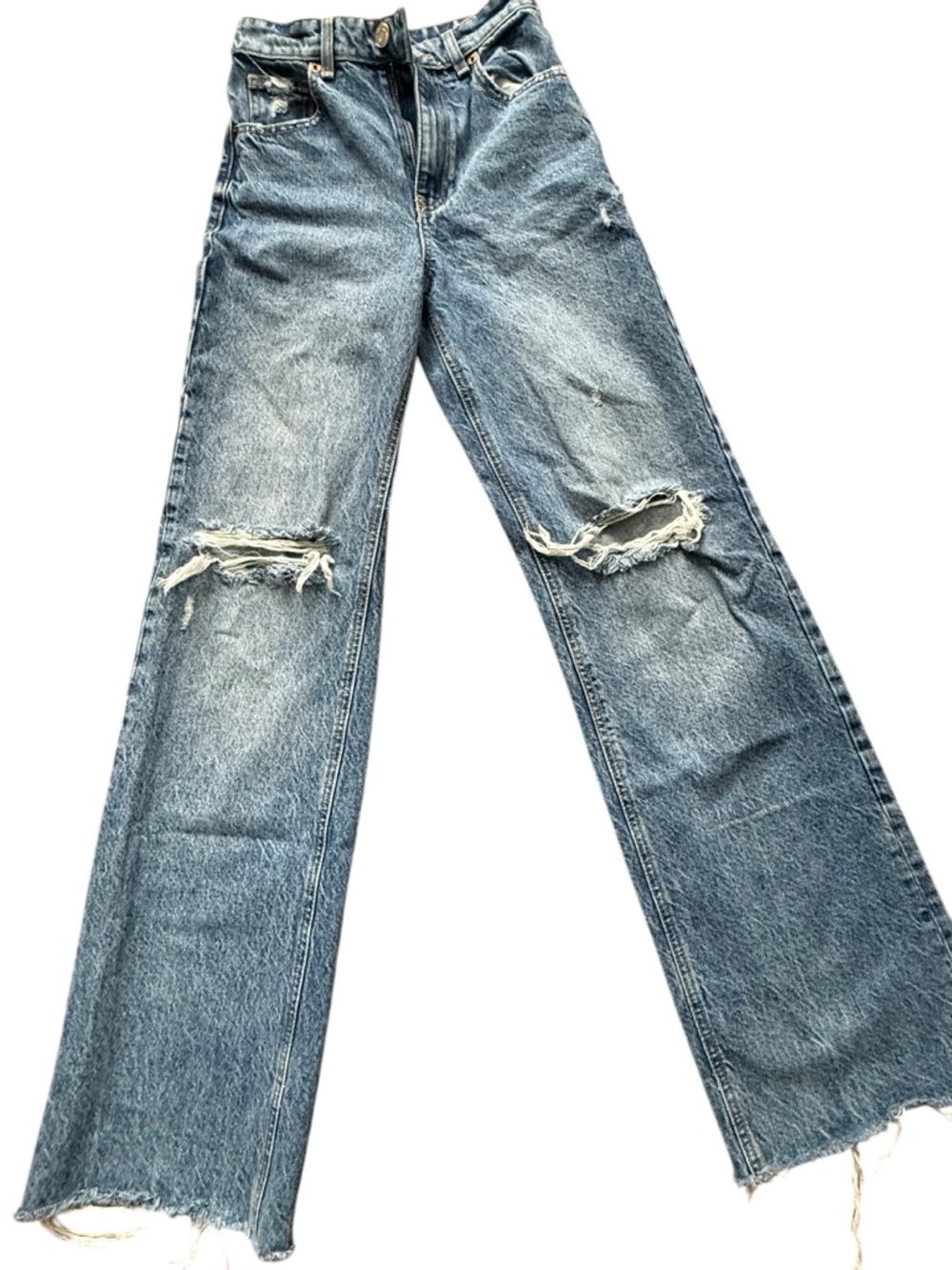Zara High-Waisted Wide Leg Distressed Jeans - Medium Wash - Size 2 / 26